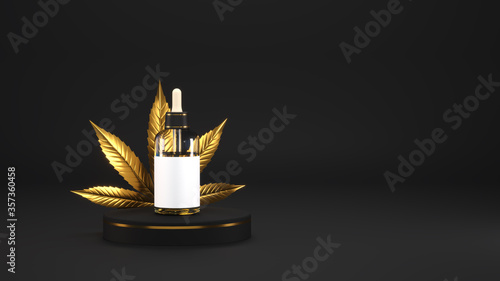 Hemp oil in glass bottle on elegant dark background. Marijuana golden leaf and luxury podium. Label and packaging, mock up for advertising and design cannabis oil. 3d rendering. 3d illustration.