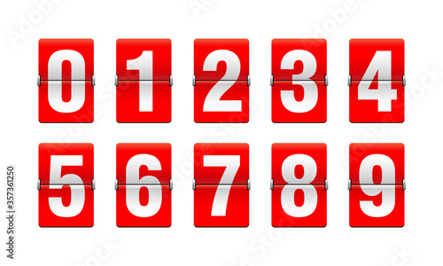 Flip countdown clock - vector digits - red counter timer, time remaining count down scoreboard in flip board with different digits from 0 to 9