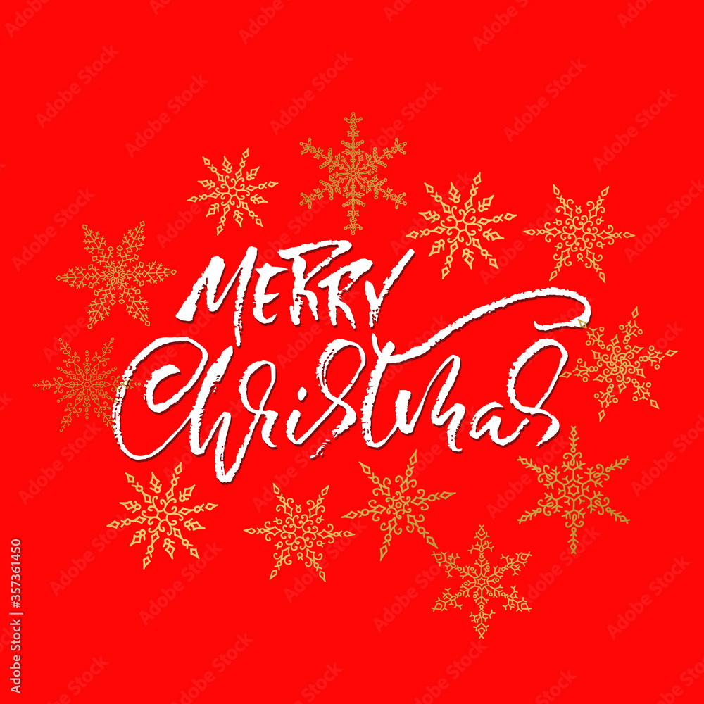 Hand drawn phrase Merry Christmas on red background. Modern dry brush lettering design with golden snowflakes ornament. Vector typography illustration.