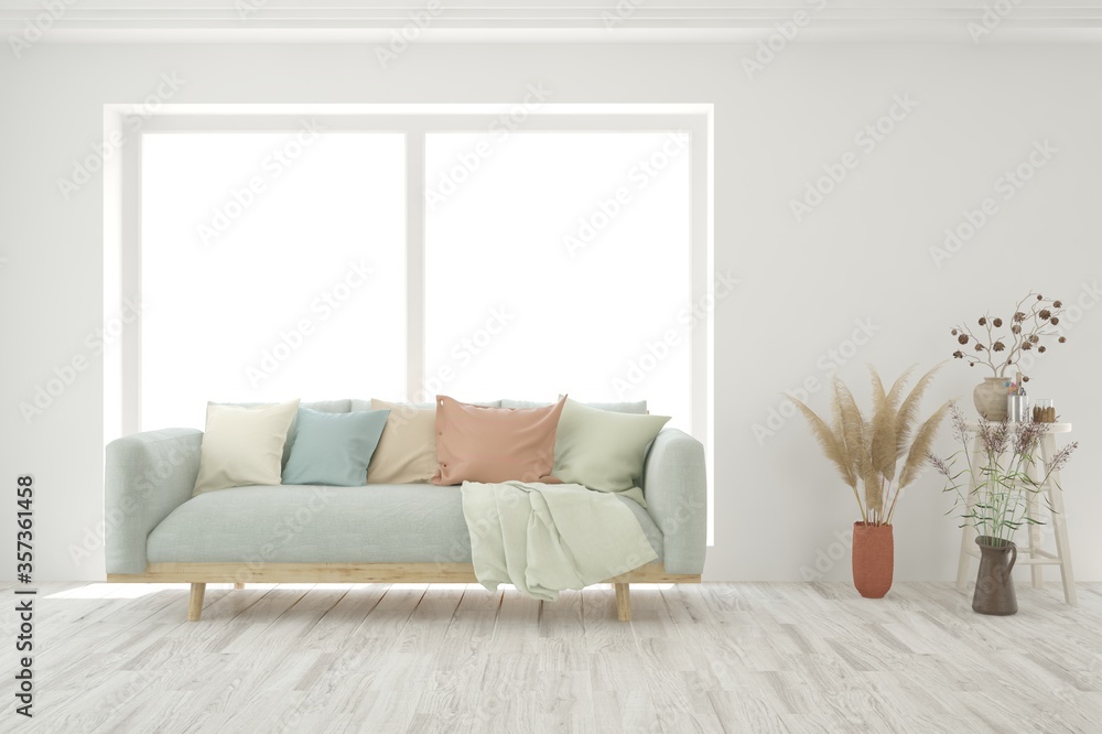 Fototapeta premium White living room with sofa. Scandinavian interior design. 3D illustration
