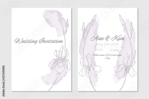 Floral wedding invitation in purple colors with watercolour irises. Vector template for cover and information