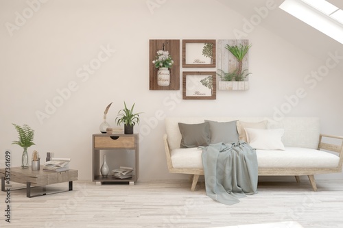 White living room with sofa. Scandinavian interior design. 3D illustration