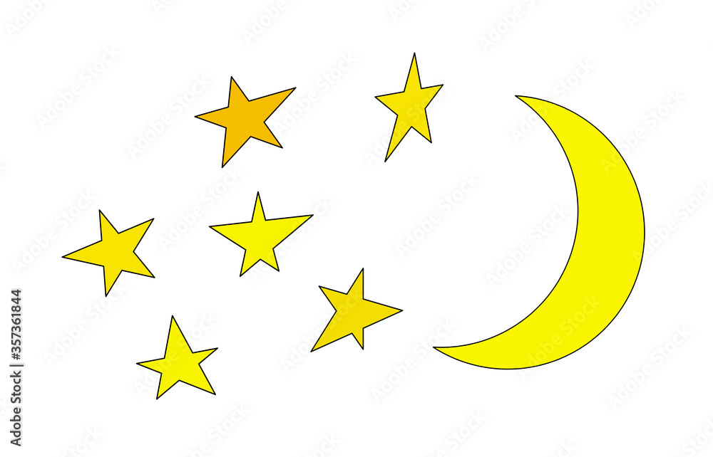 Illustration. Moon and stars closeup. Abstract moon. Yellow moon and stars isolated on white background. Illustration. Moon and stars closeup. Abstract moon. Yellow moon and stars isolated on white background.
