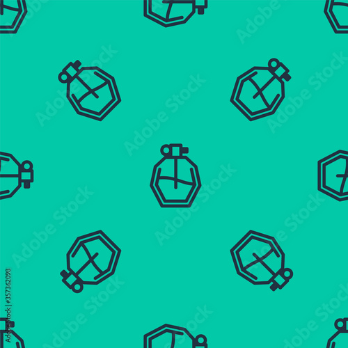 Blue line Perfume icon isolated seamless pattern on green background. Vector. Illustration