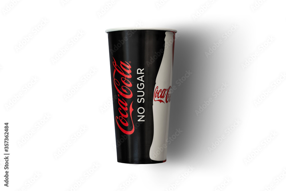 BANGKOK, THAILAND - June 10, 2020: Zero Coca-cola paper cup on white ...