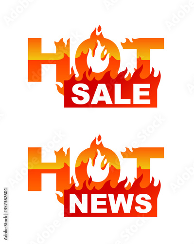 Hot sale and hot news tag with burning letters - vector sticker to attract attention