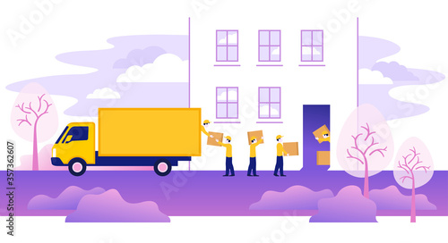 Door-to-door delivery service conceptual illustration - cargo truck shipment with loaders and living building fassade - vector illustration on beautiful purple background