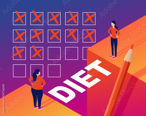 Weight loss diet program concept - isometric illustration with woman  before and after program, calendar or checklist and pencil