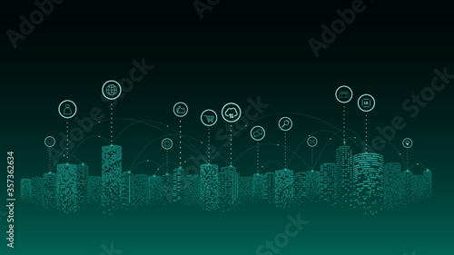 Network and communication in a digital city. The future of smart cities connected with Internet of things. 5g technology concept.