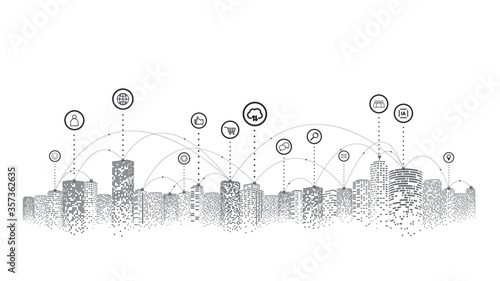 Network and communication in a digital city. The future of smart cities connected with Internet of things. 5g technology concept.