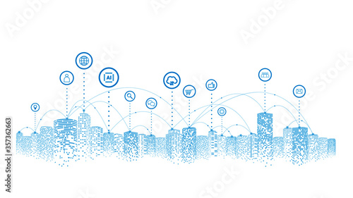 Network and communication in a digital city. The future of smart cities connected with Internet of things. 5g technology concept.