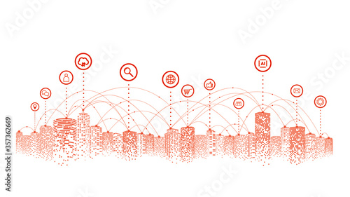 Network and communication in a digital city. The future of smart cities connected with Internet of things. 5g technology concept.