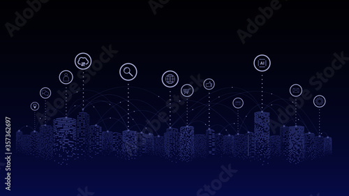 Network and communication in a digital city. The future of smart cities connected with Internet of things. 5g technology concept.