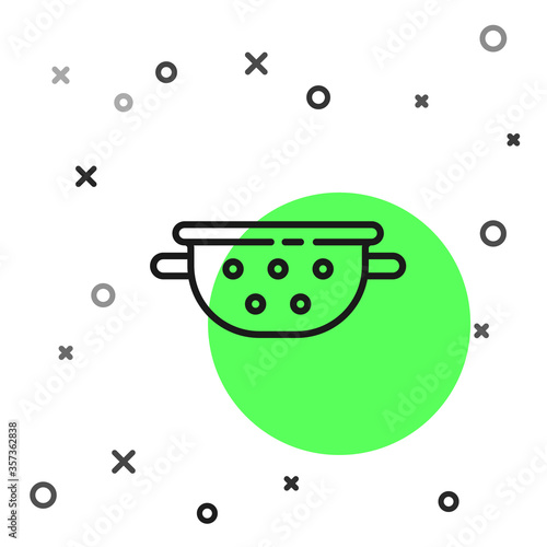 Black line Kitchen colander icon isolated on white background. Cooking utensil. Cutlery sign. Vector.