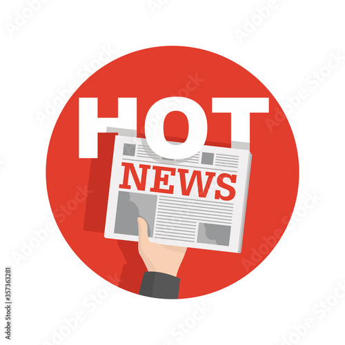 Hot news icon - hand holding newspaper on red background - vector illustration for fresh report newsmakers press media