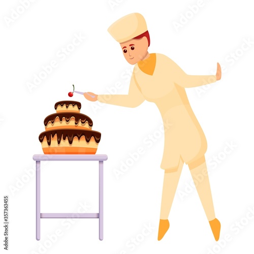 Confectioner put cherry on cake icon. Cartoon of confectioner put cherry on cake vector icon for web design isolated on white background