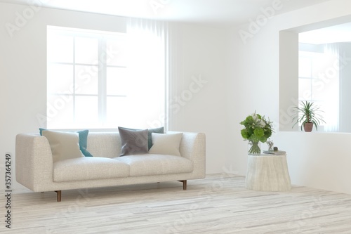 White living room with sofa. Scandinavian interior design. 3D illustration