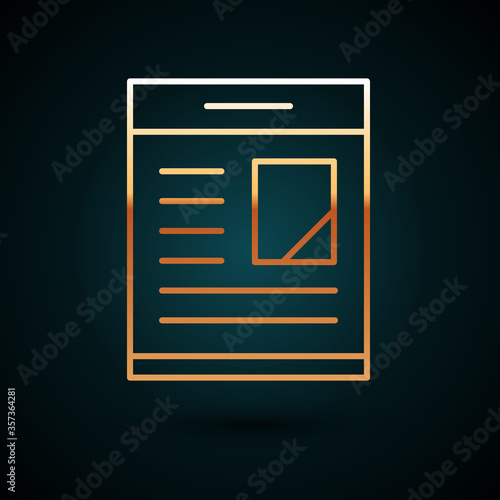 Gold line Newspaper advertisement displaying obituaries icon isolated on dark blue background. Vector.