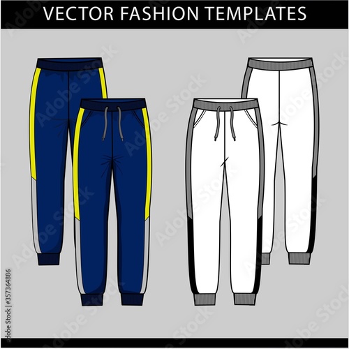 Sweatpants fashion.  Flat sketch Vector templates, jogging trousers, front and back
