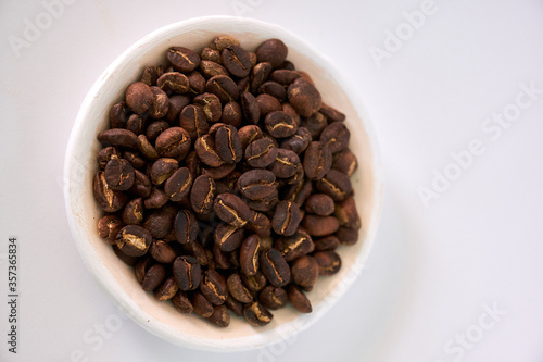 Coffee roasted medium Placed on a white table