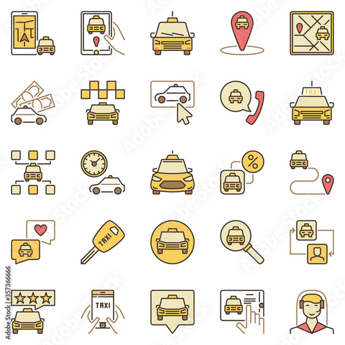 Taxi colored vector icons set. Taxi Service concept creative signs or logo elements