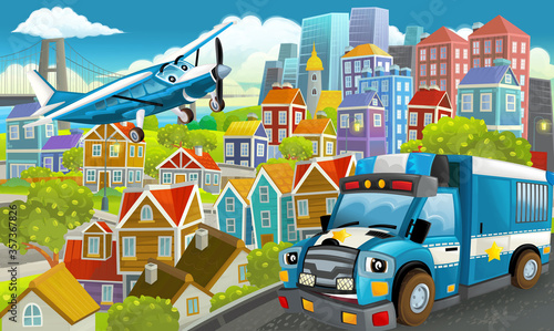 cartoon happy and funny scene in the city flying plane and car