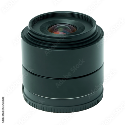 A modern prime photo lens from the side