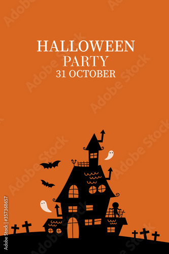 Happy halloween party invitation with haunted house and scary ghost. Holidays party poster.