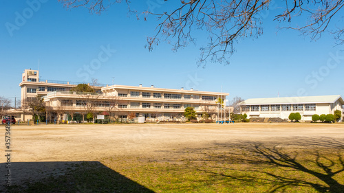 Ushijima Public Elementary School, Kasukabe, Saitama, Japan. Elementary school closed and the playing field empty due to coronavirus, COVID-19. photo