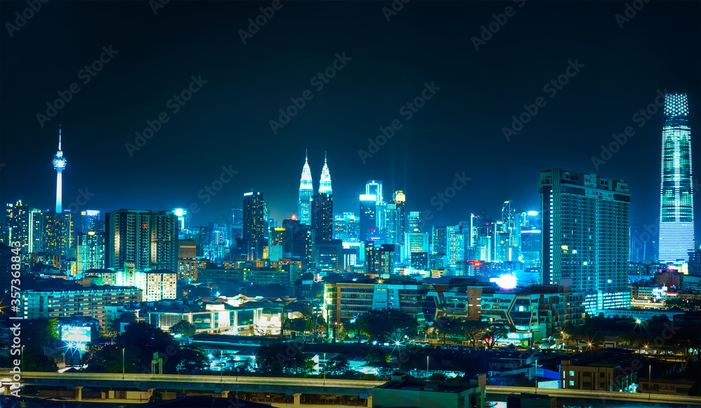 Panorama cityscape of Kuala Lumpur city center night view - Image