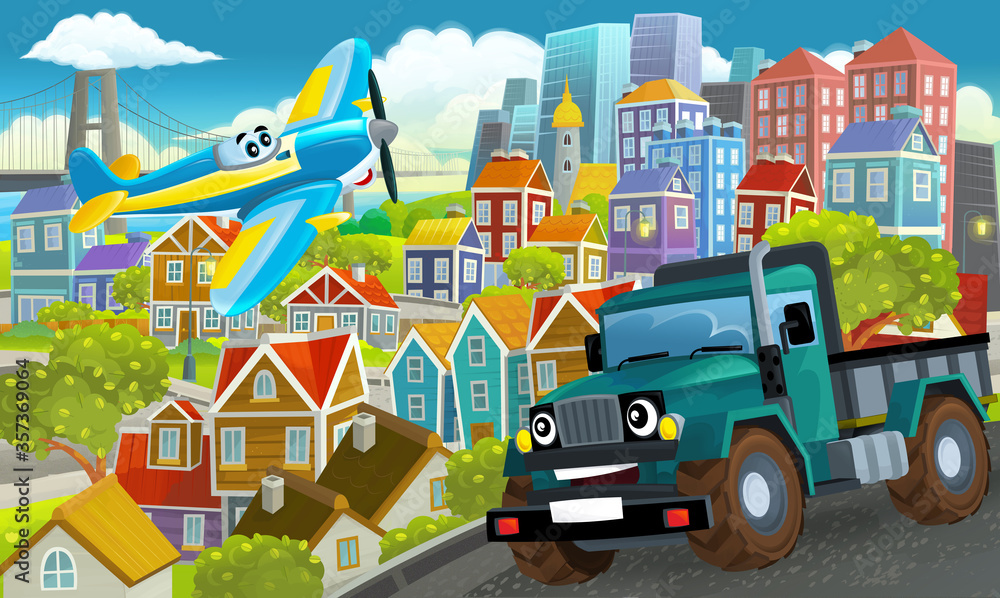 Naklejka premium cartoon happy and funny scene in the city flying plane and car