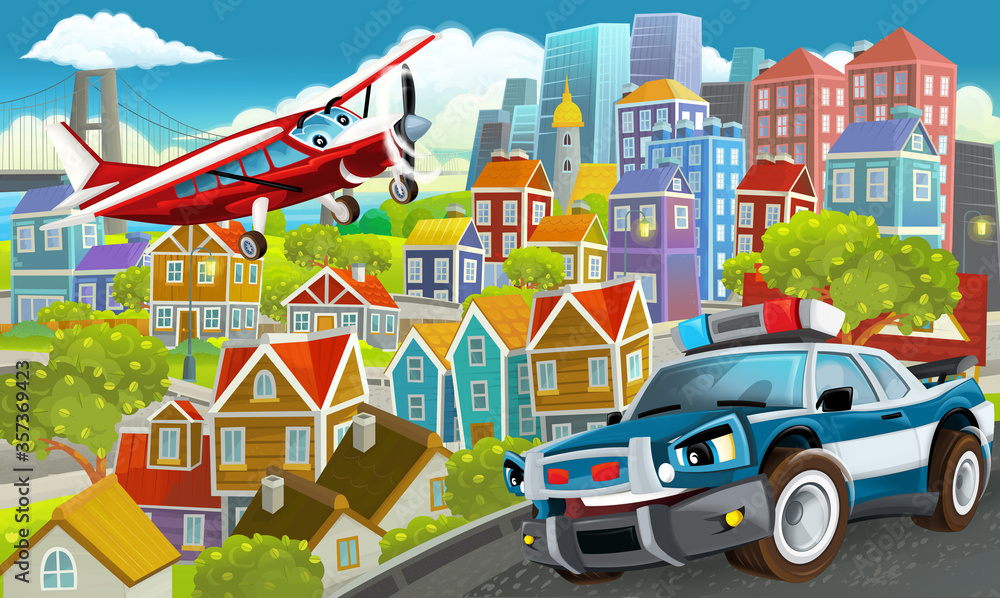 cartoon happy and funny scene in the city flying plane and car cartoon happy and funny scene in the city flying plane and car