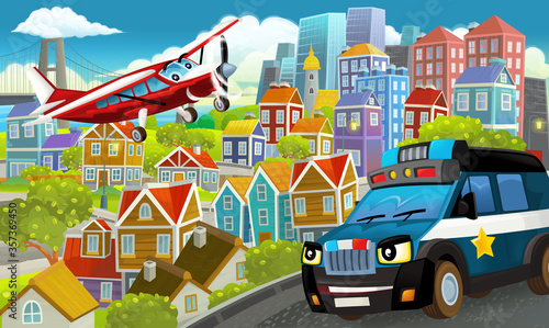 cartoon happy and funny scene in the city flying plane and car © honeyflavour