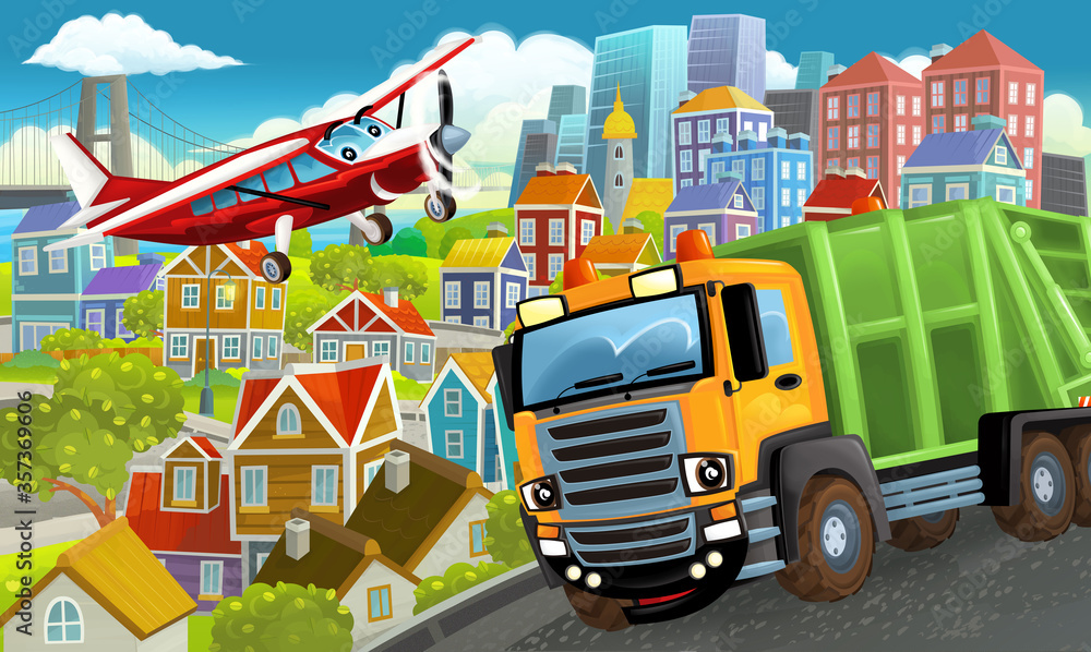 cartoon happy and funny scene in the city flying plane and car