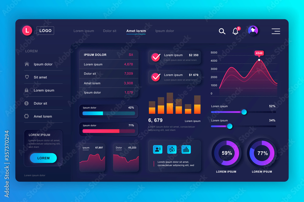 Neumorphic dashboard UI kit. Admin panel vector design template with infographic elements, HUD diagram, info graphics. Website dashboard for UI and UX design web page. Neumorphism style. Neumorphic dashboard UI kit. Admin panel vector design template with infographic elements, HUD diagram, info graphics. Website dashboard for UI and UX design web page. Neumorphism style.