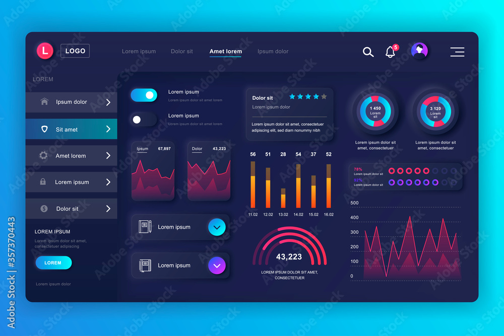 Neumorphic dashboard UI kit. Admin panel vector design template with infographic elements, HUD diagram, info graphics. Website dashboard for UI and UX design web page. Neumorphism style. Neumorphic dashboard UI kit. Admin panel vector design template with infographic elements, HUD diagram, info graphics. Website dashboard for UI and UX design web page. Neumorphism style.