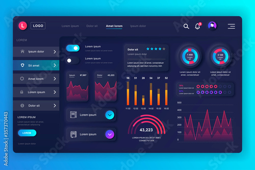 Neumorphic dashboard UI kit. Admin panel vector design template with infographic elements, HUD diagram, info graphics. Website dashboard for UI and UX design web page. Neumorphism style. photo