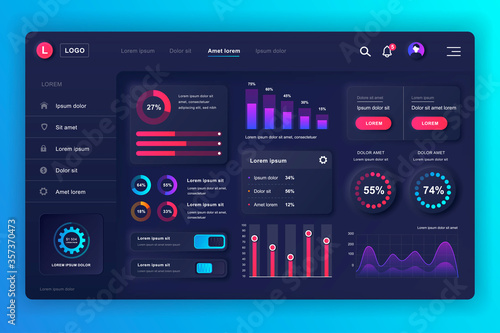 Neumorphic dashboard UI kit. Admin panel vector design template with infographic elements, HUD diagram, info graphics. Website dashboard for UI and UX design web page. Neumorphism style. © alexdndz