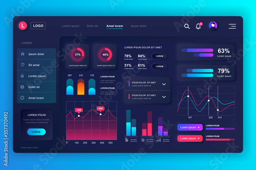 Neumorphic dashboard UI kit. Admin panel vector design template with infographic elements, HUD diagram, info graphics. Website dashboard for UI and UX design web page. Neumorphism style.
