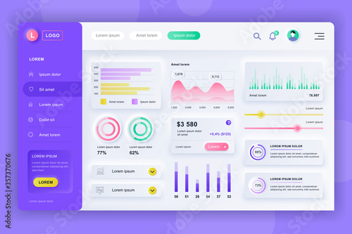 Neumorphic dashboard UI kit. Admin panel vector design template with infographic elements, HUD diagram, info graphics. Website dashboard for UI and UX design web page. Neumorphism style.