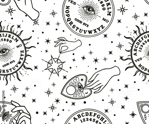 Seamless pattern. Vintage Fortune Hands with ouija. Sketch graphic illustration with mystic and occult hand drawn symbols. Vector Halloween illustration, astrological and esoteric concept.