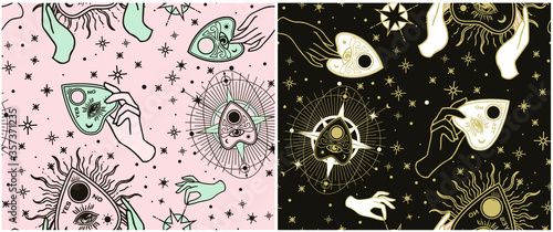 Seamless pattern. Vintage Fortune Hands with ouija. Sketch graphic illustration with mystic and occult hand drawn symbols. Vector Halloween illustration, astrological and esoteric concept.