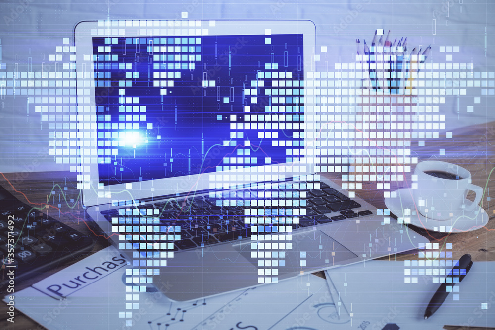 Obraz premium Double exposure of business theme icons and work space with computer background. Concept of success.