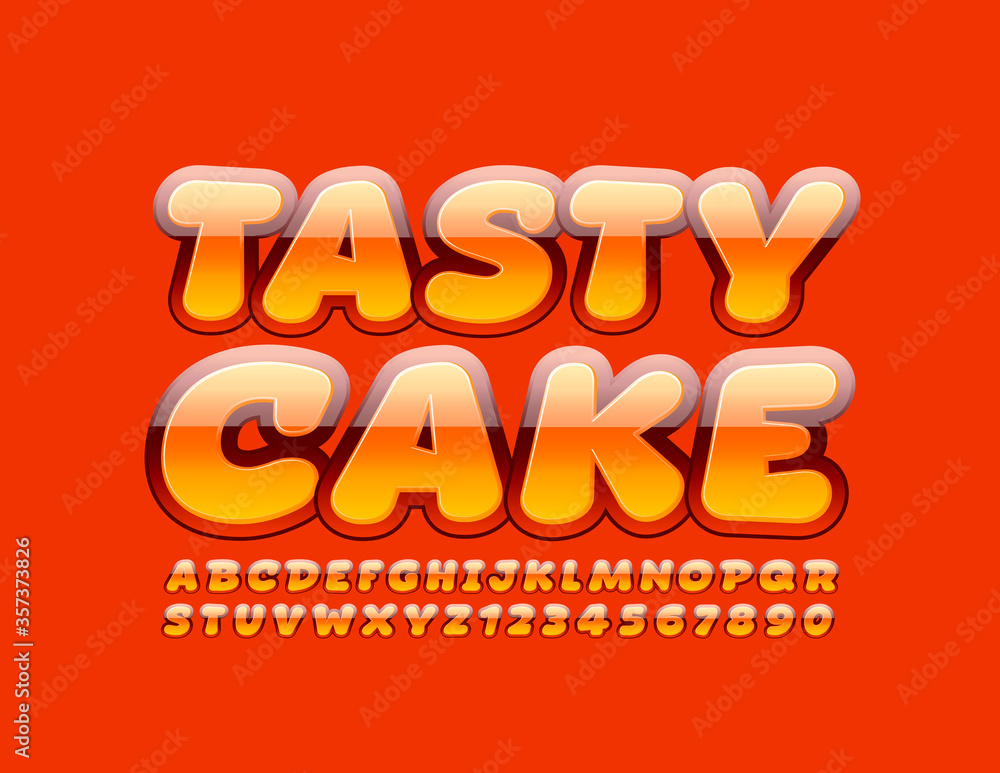 Vector bright banner Tasty Cake with glossy FOnt. Red and Orange Alphabet Letters and Numbers