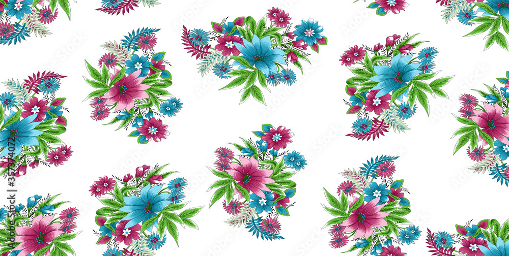 Seamless pattern with spring flowers and leaves. Hand drawn back