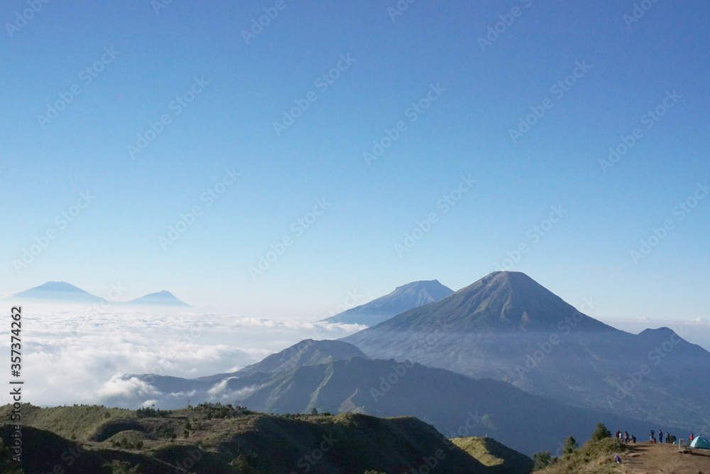 View of Mt. Sumbing and Mt. Sindoro  from top of the Mt. Prau, Dieng, Wonosobo, Central Java, Indonesia