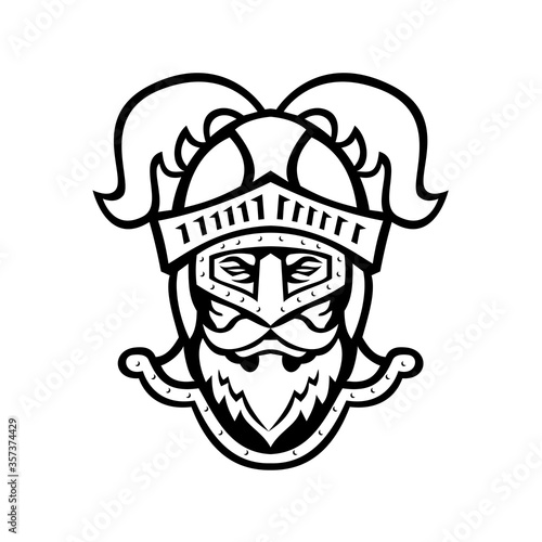 Knight Head Wearing a Helmet with Ostrich Plumage Front Mascot Black and White
