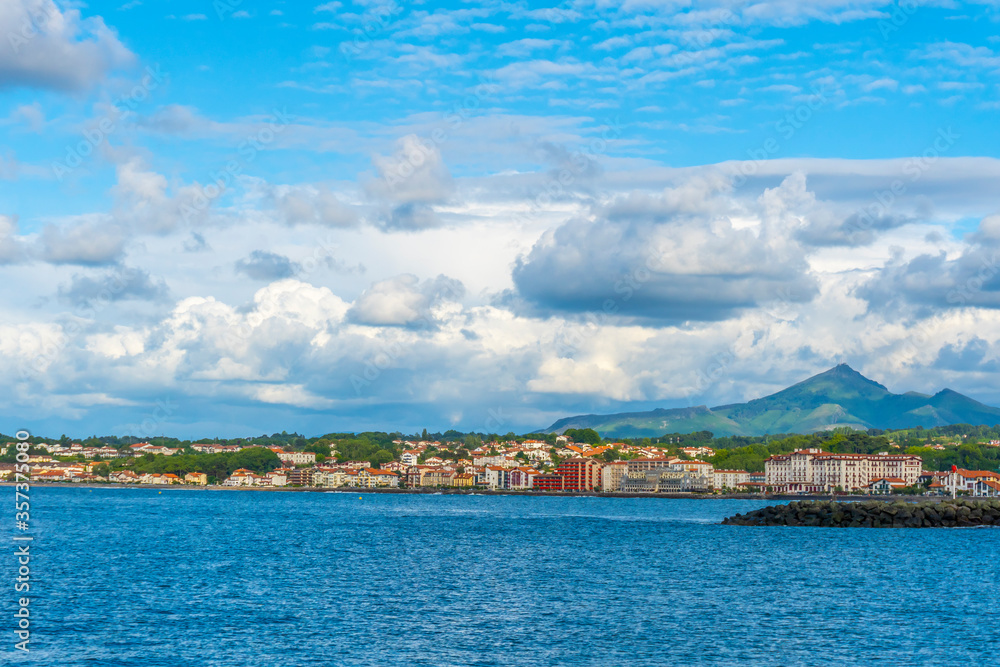 Panoramic view of the French town of Hendaye from the beautiful beach of Fuenterrabia, Gipuzkoa. Basque Country
