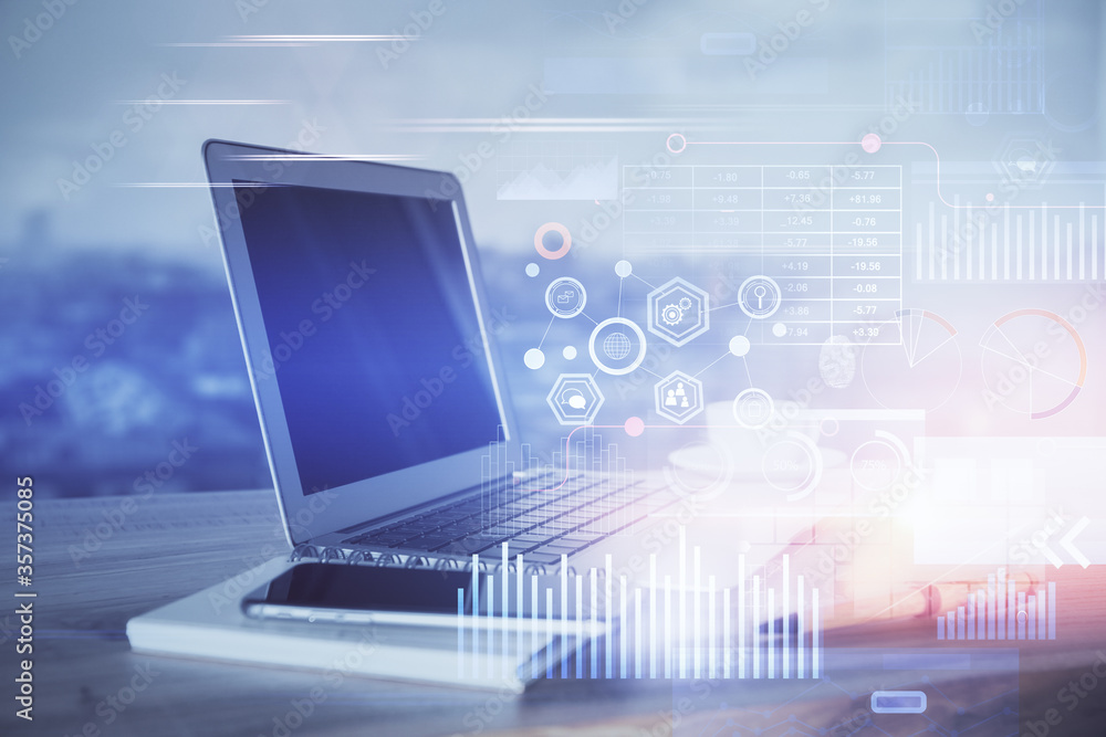 Double exposure of computer and technology theme hud. Concept of innovation. Double exposure of computer and technology theme hud. Concept of innovation.