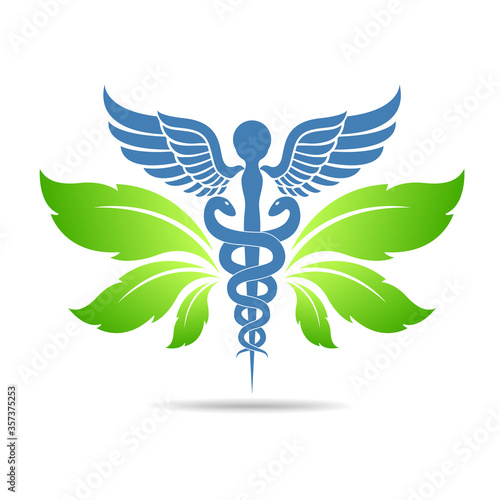 Aesculapius vector abstract illustration created using snakes and green leaves, Caduceus symbol. Healthy lifestyle is strong heart